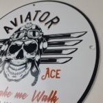 Vintage Air Ace Sign – Fly Aviation Aviator Skull Service Gas Porcelain Sign - Image 9