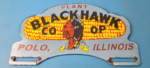 Vintage Blackhawk Sign Topper – Co Op IL Indian Porcelain License Plate Topper - Image 2