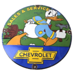 Vintage Chevrolet Sign – Automobilia Donald Duck Garage Porcelain Gas Pump Sign - Image 2