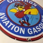Vintage Chevron Gasoline Sign – Airplane Cartoon Aviation Gas Ad Porcelain Sign - Image 11