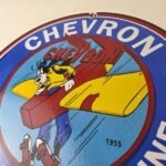 Vintage Chevron Gasoline Sign – Airplane Cartoon Aviation Gas Ad Porcelain Sign - Image 12