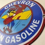 Vintage Chevron Gasoline Sign – Airplane Cartoon Aviation Gas Ad Porcelain Sign - Image 13