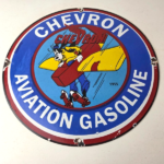 Vintage Chevron Gasoline Sign – Airplane Cartoon Aviation Gas Ad Porcelain Sign - Image 15