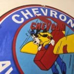 Vintage Chevron Gasoline Sign – Airplane Cartoon Aviation Gas Ad Porcelain Sign - Image 5