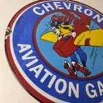 Vintage Chevron Gasoline Sign – Airplane Cartoon Aviation Gas Ad Porcelain Sign - Image 6