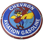 Vintage Chevron Gasoline Sign – Airplane Cartoon Aviation Gas Ad Porcelain Sign