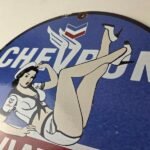 Vintage Chevron Gasoline Sign – Aviation Gas Motor Oil Auto Pump Porcelain Sign - Image 12