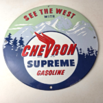 Vintage Chevron Gasoline Sign – See the West Gas Pump Service Porcelain Sign - Image 15