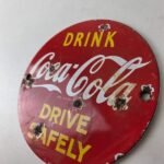 Vintage Coca Cola Porcelain Sign – Drive Safely Soda Pop Gas Pump Service Sign - Image 12