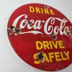 Vintage Coca Cola Porcelain Sign – Drive Safely Soda Pop Gas Pump Service Sign - Image 6