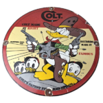 Vintage Colt Fire Arms Sign – Donald Duck Revolvers Pistols Guns Gas Pump Sign - Image 2