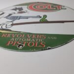 Vintage Colt Firearms Sign – Cat Revolver Gun Shop Ammo Porcelain Gas Pump Sign - Image 11