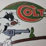Vintage Colt Firearms Sign – Cat Revolver Gun Shop Ammo Porcelain Gas Pump Sign - Image 3