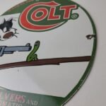 Vintage Colt Firearms Sign – Cat Revolver Gun Shop Ammo Porcelain Gas Pump Sign - Image 9