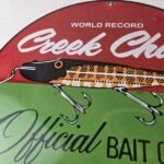Vintage Creek Chub Bait Caster Sign – Lures Cabin Fishing Porcelain Gas Oil Sign - Image 3