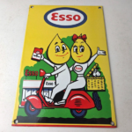 Vintage Esso Gasoline Porcelain Sign – Oil Drop Boy Scooter Vespa Gas Pump Sign - Image 15