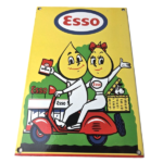 Vintage Esso Gasoline Porcelain Sign – Oil Drop Boy Scooter Vespa Gas Pump Sign
