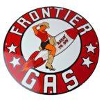 Vintage Frontier Gasoline Sign – Pinup Cowgirl Sign Gas Oil Pump Porcelain Sign