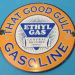 VINTAGE GULF GASOLINE PORCELAIN ETHYL GAS SERVICE STATION GENERAL MOTORS SIGN