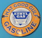 VINTAGE GULF GASOLINE PORCELAIN ETHYL GAS SERVICE STATION GENERAL MOTORS SIGN - Image 2