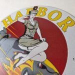 Vintage Harbor Gasoline Sign – Bomber Girl Gas Pump Motor Oil Porcelain Sign - Image 12