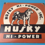Vintage Husky Gasoline Sign – Hi Power Gas Motor Oil Pump Porcelain Sign