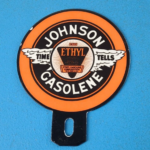 Vintage Johnson Gasoline Sign Topper – Porcelain License Plate Gas Auto Topper