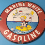 Vintage Marine White Gasoline Sign – Richie Rich Porcelain Auto Gas Pump Sign