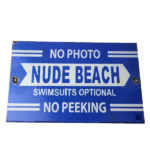Vintage Nude Beach Sign – No Peeking Gas Pump Porcelain Sign