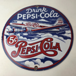 Vintage Pepsi Porcelain Sign – 5 Cent Airplane Ad Drink Soda Cola Sign - Image 15