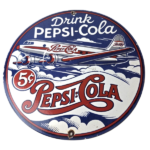Vintage Pepsi Porcelain Sign – 5 Cent Airplane Ad Drink Soda Cola Sign