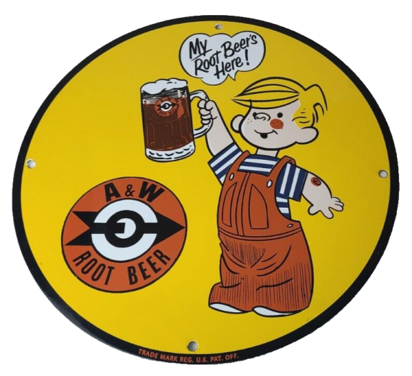 vintage-porcelain-sign-root-beer-aw-beverage-dennis-menace-advertising-sign-306732776309-600x548-1.png Vintage Porcelain Sign – Root Beer A&W Beverage Dennis Menace Advertising Sign - Image 1
