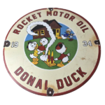 Vintage Rocket Motor Oil Sign – Donald Duck Gas Station Pump Porcelain Sign - Image 2
