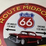 Vintage Route 66 Porcelain Sign – Texas Midpoint Gas Station Pump Road Ad Sign - Image 3