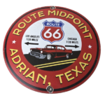 Vintage Route 66 Porcelain Sign – Texas Midpoint Gas Station Pump Road Ad Sign