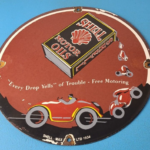 Vintage Shell Gasoline Sign – Free Motoring Gas Oil Pump Plate Porcelain Sign