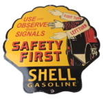 Vintage Shell Gasoline Sign – Safety First Porcelain Gas Pump Plate Sign - Image 2