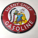Vintage Silent Chief Gasoline Sign – Indian Bonnett Blanket Teepe Porcelain Sign - Image 15