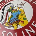 Vintage Silent Chief Gasoline Sign – Indian Bonnett Blanket Teepe Porcelain Sign - Image 4