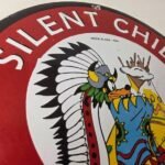 Vintage Silent Chief Gasoline Sign – Indian Bonnett Blanket Teepe Porcelain Sign - Image 5