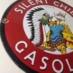 Vintage Silent Chief Gasoline Sign – Indian Bonnett Blanket Teepe Porcelain Sign - Image 6