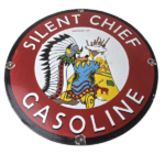 Vintage Silent Chief Gasoline Sign – Indian Bonnett Blanket Teepe Porcelain Sign - Image 2