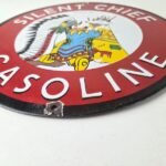 Vintage Silent Chief Gasoline Sign – Indian Bonnett Blanket Teepe Porcelain Sign - Image 10