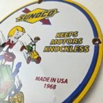 Vintage Sunoco Gasoline Porcelain Sign – Knockless Old Car Cartoon Gas Pump Sign - Image 13