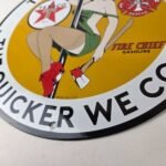 Vintage Texaco Gasoline Sign – Fire Pole Fire Chief Gas Pump Ad Porcelain Sign - Image 14