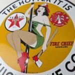 Vintage Texaco Gasoline Sign – Fire Pole Fire Chief Gas Pump Ad Porcelain Sign - Image 4
