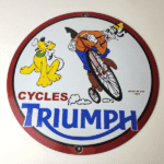 Vintage Triumph Motorcycles Sign – Gas Pump Garage Porcelain Goofy Sign - Image 12