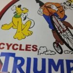 Vintage Triumph Motorcycles Sign – Gas Pump Garage Porcelain Goofy Sign - Image 4