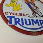 Vintage Triumph Motorcycles Sign – Gas Pump Garage Porcelain Goofy Sign - Image 7