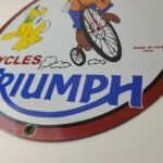 Vintage Triumph Motorcycles Sign – Gas Pump Garage Porcelain Goofy Sign - Image 10